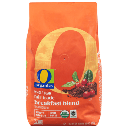 O O Organic Whole Bean Coffee Light Roast Breakfast Blend USDA Organic Fair Trade 100% Arabica 26 Oz