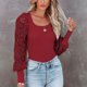 thumbnail image 2 of Blusas tipo jersey con cuello rectangular para mujer, blusas informales con manga larga acampanada, camisas de punto acanaladas para ir de compras, fiesta, rojo vino M, 2 of 6