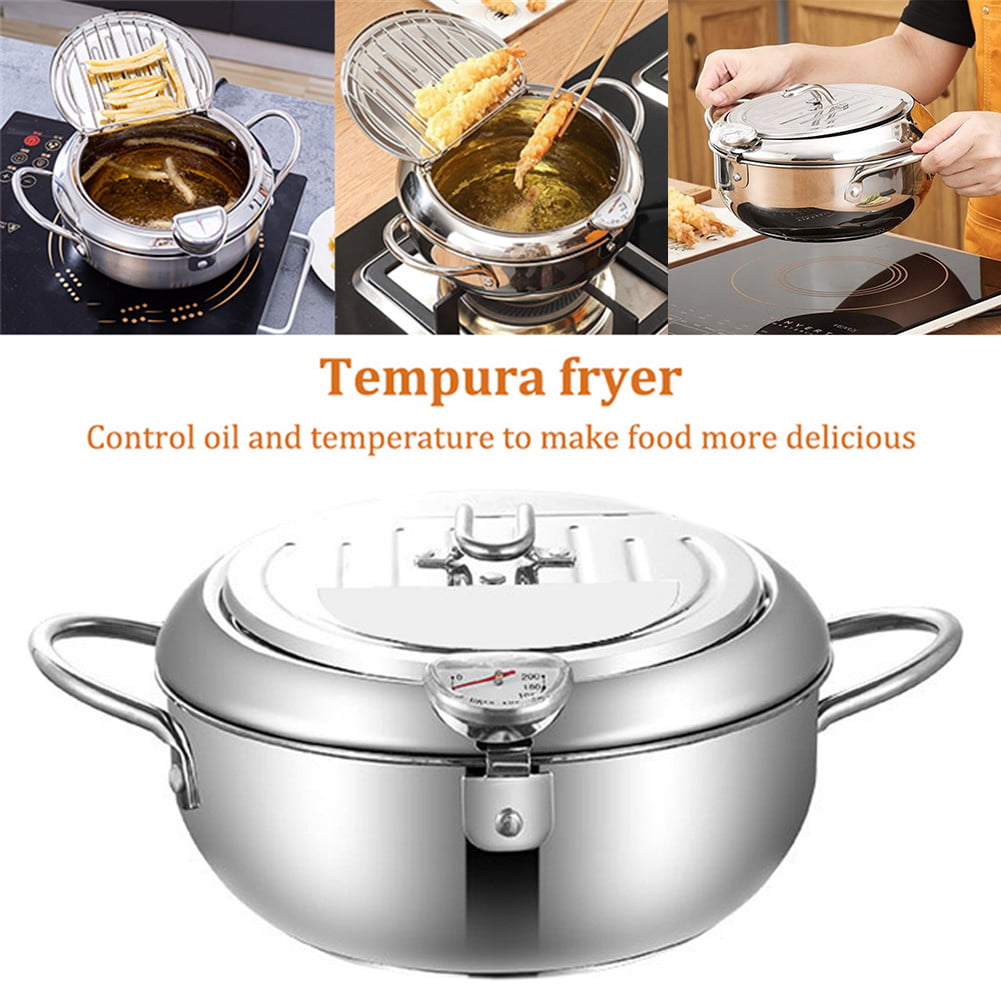 Details about   Stainless Steel Tempura Deep Fry Pot Pan Thermometer Oil Drainer Wire Rack DHL 