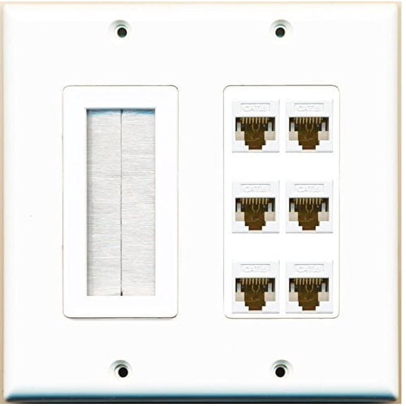 RiteAV (2 Gang Decorative Mesh-Brush 6 Cat6 White Wall Plate White