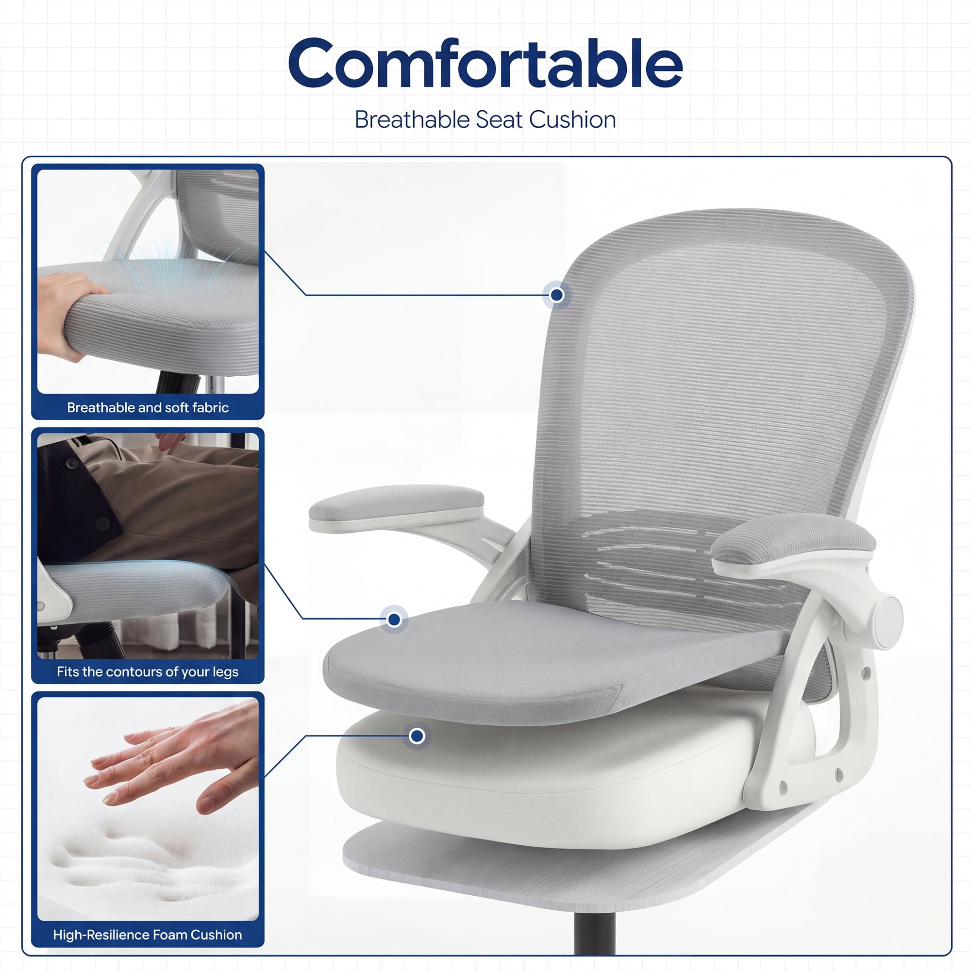Ultifit Ergonomic Mesh Office Chair, Computer Desk Chair, Flip-Up Arms, Reclining, Rocking, Height Adjustment, Swivel, Gray, 300 lbs