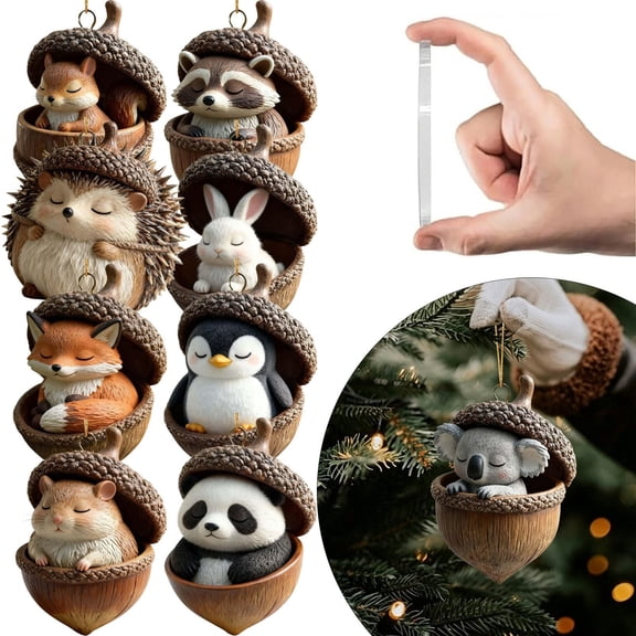 Forest Animal Acorn Christmas Ornaments, 9 Pack Cozy 2D Flat Cute Creature Decor, Rustic Woodland Hanging Decorations for Christmas Trees Fireplaces Doors and Outdoor Display, Multicolor