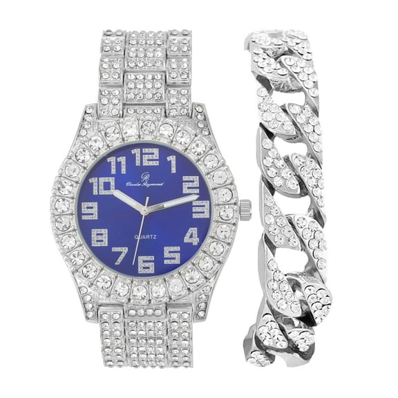 Charles Raymond Mens Big Rocks with Numerals Fully Iced Out Colorful Dial Blinged Out Hip Hop Watch - ST10327ARC Cuban Silver Royal Blue