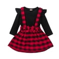 thumbnail image 2 of Biekopu 2Pcs Toddler Outfit, Long Sleeve T-Shirt + Plaid Suspenders Skirt, 2 of 7