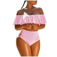 thumbnail image 2 of Pop Seller Women's High Waist Bikini Beach Swimwear Split Swimwear Ruffle Edge Swimwear Set Pink S, 2 of 9