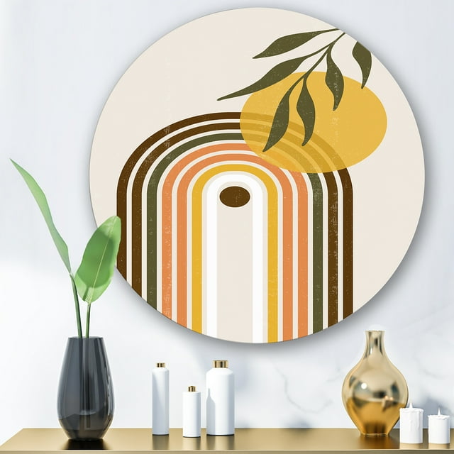 Designart - Soleil Jaune Abstrait avec Arc-en-Ciel Rétro - Art Mural Rond en Métal Moderne