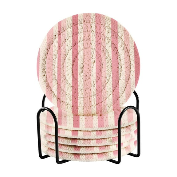 Pink Striped Coasters with Holder for Coffee Table 6 Pcs Drink Coaster Sets Absorbent for Home Decor 4 inch