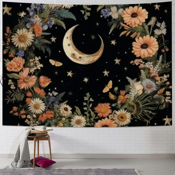 PRATYUS Vintage Moon Boho Tapestry for Bedroom Aesthetic, Bohemian Floral Butterfly Tapestries Wall Hanging, Botanical Flower Plants Tapestry Backdrop for Living Room Dorm 40x30inch