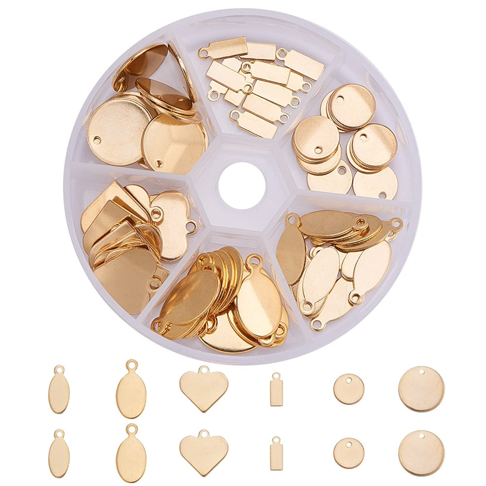 PandaHall Elite 72 Pcs 304 Stainless Steel Flat Blank Stamping Tag Pendants Charms 6 Styles for Jewelry Making Golden