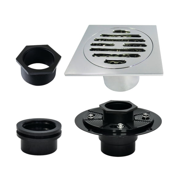 Kingston BSFK4262C Watercourse 4-Inch Brass Square Grid Shower Drain with Hair Strainer and Base Flange in Polished Chrome