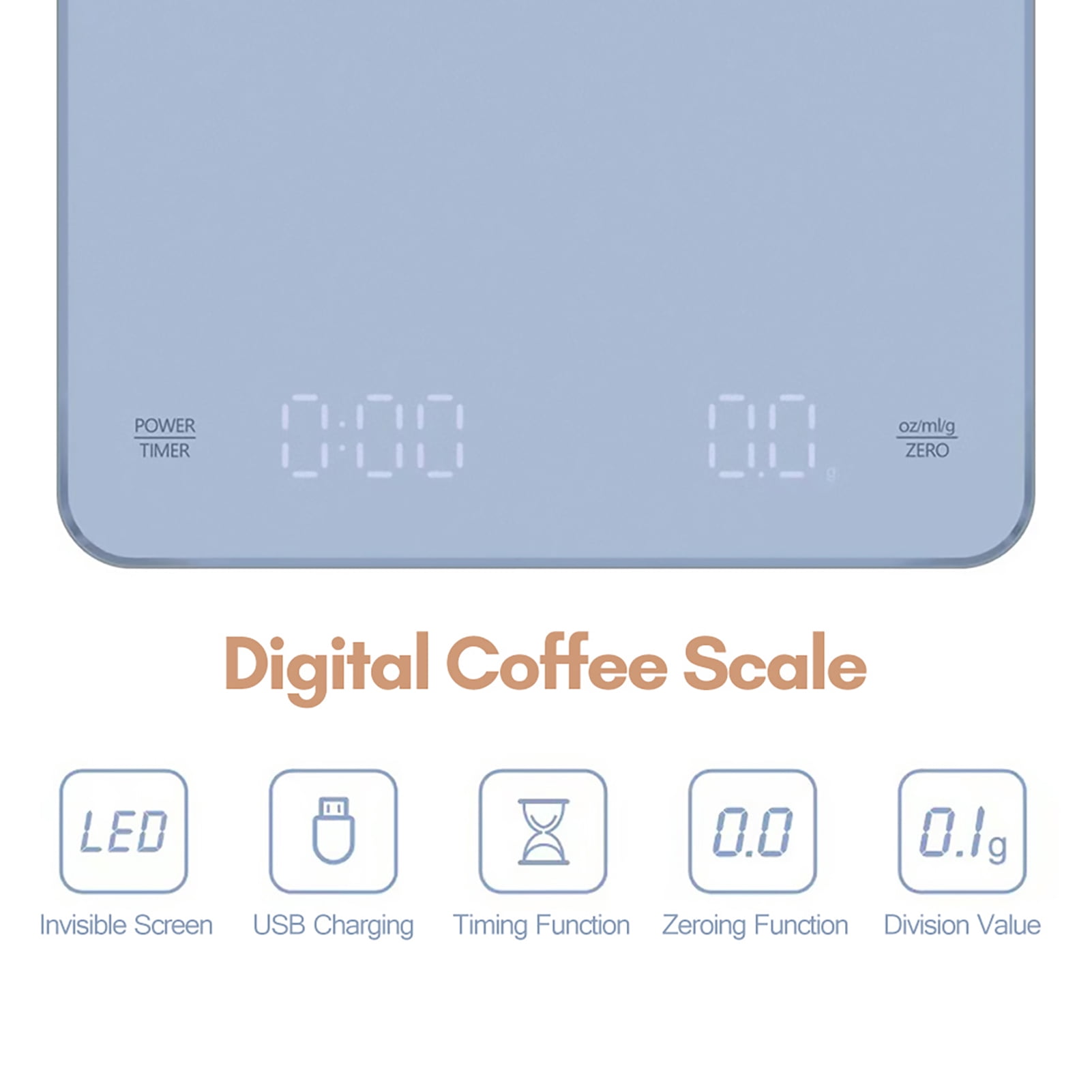 YAHHU High Precision Digital Coffee Scale with Built-In Timer and LED Display, USB Type-C Rechargeable Espresso Scale, 3000g / 6.6 lbs Max Weighing, 0.1g Accuracy, Measures in oz/ml/g, Light Blue