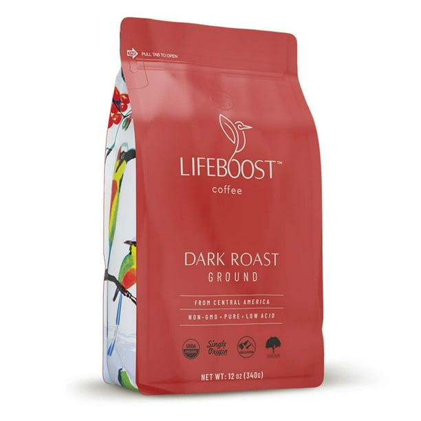 Lifeboost Coffee Dark Roast Ground Coffee Low Acid Single Origin USDA Organic Coffee NonGMO