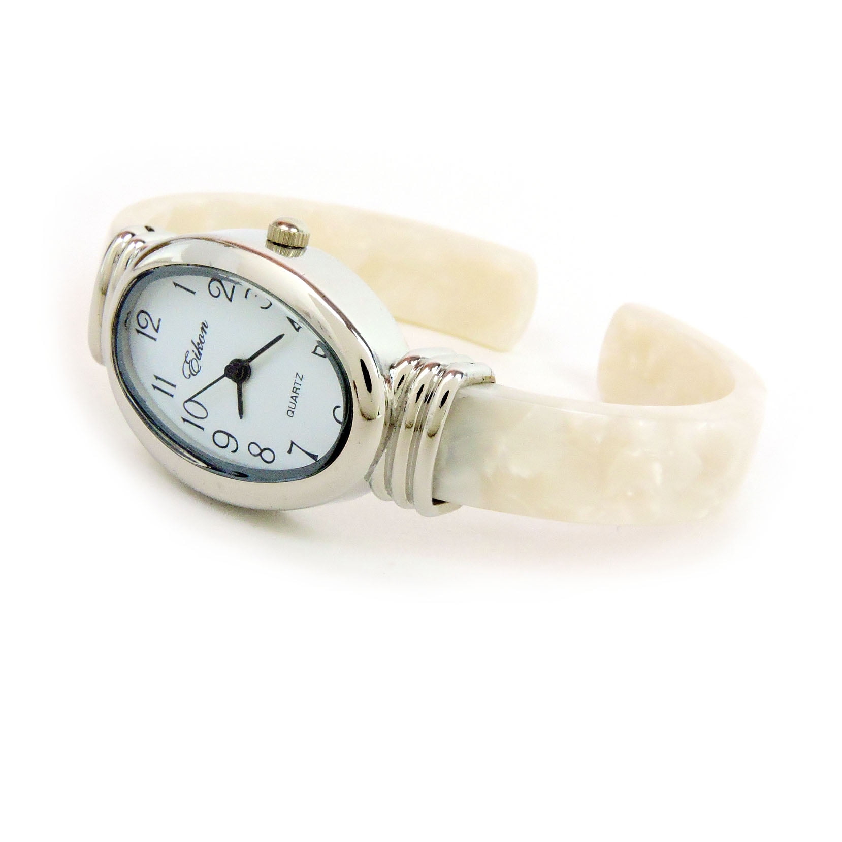 White Pearl Silver Acrylic Band Oval Face Women's Bangle Cuff Watch