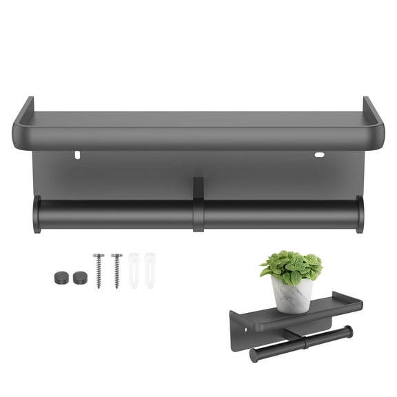 Double Toilet Paper Holder with Shelf Aluminum Alloy Toilet Paper Roll Holder Wall Mount Drilling Bathroom Tissue Holder with Screws for Bathroom