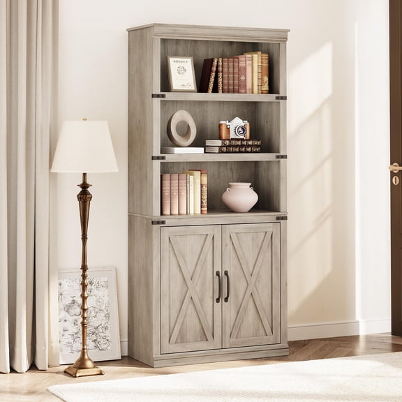 Rustic Gray 5-Tier Door Equipped Farmhouse Bookcase, 70 Inch Tall Wooden Storage Cabinet for Living Room Home Office Bedroom