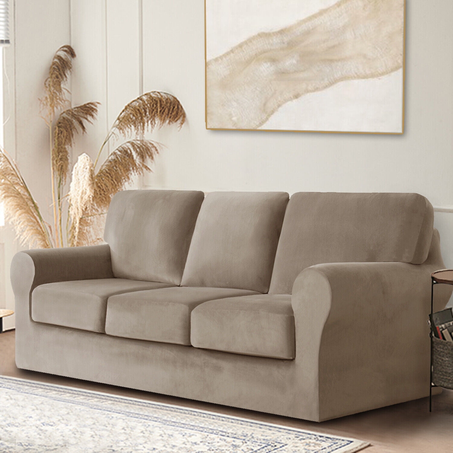 TOPCHANCES 3-Pieces Armchair Sofa Covers, Velvet Stretch Couch Slipcovers for 1 Cushion Sofa, Anti-Slip Furniture Slipcover with Separate Cushion Covers and Backrest Covers (Taupe)