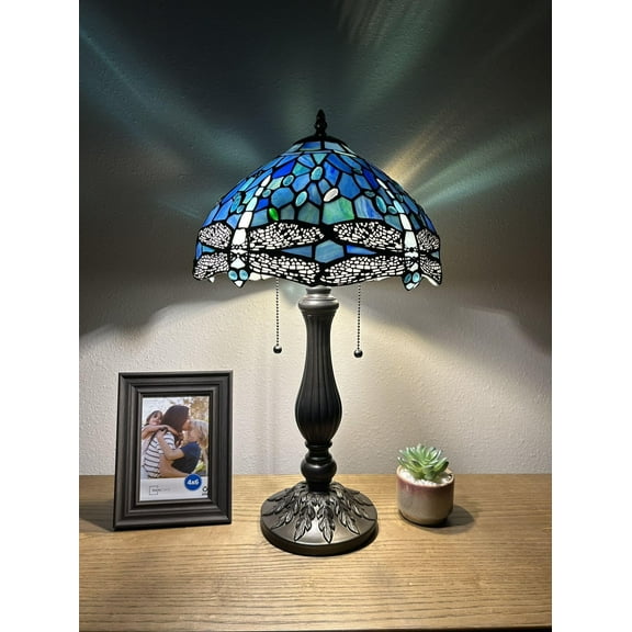 Tiffany Table Lamp Blue Stained Glass Dragonfly LED Bulbs Included for Living Room Bedroom Bedside 12"W*12"D*22"H