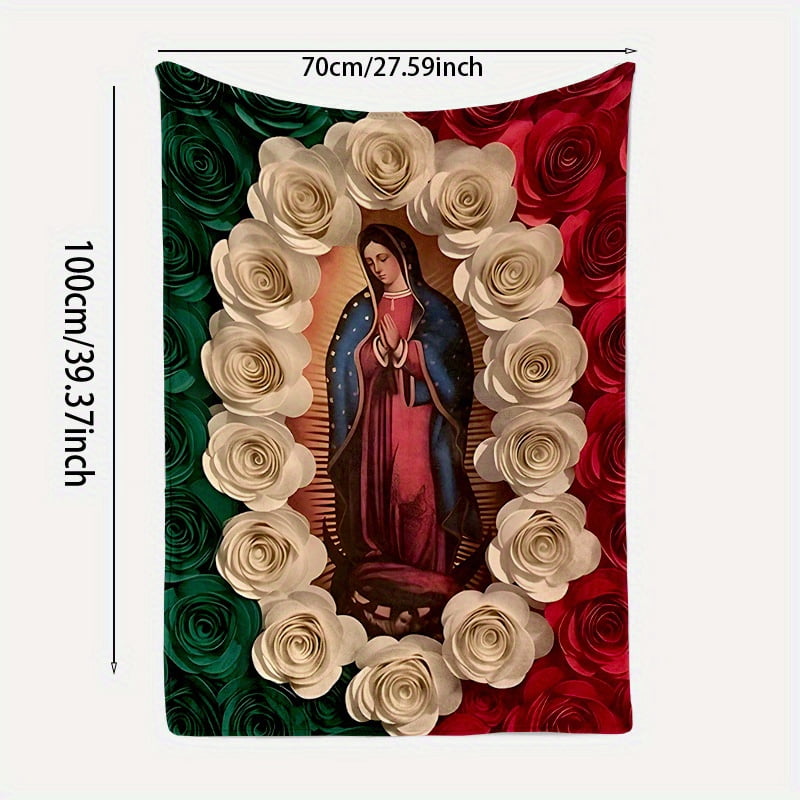 Virgin Mary Rose Blanket Soft Flannel Throw with Our Lady of Guadalupe Design Green & Red Roses Perfect for Sofa Bed Car Office Camping Travel All-Season Gift