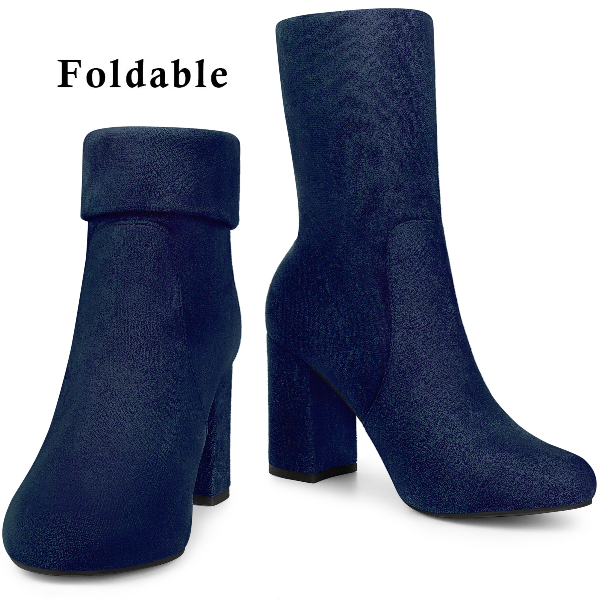DARING DIVA Women's Rounded Toe Block Heeled Foldable Mid-Calf Boots Navy Blue US 9.5