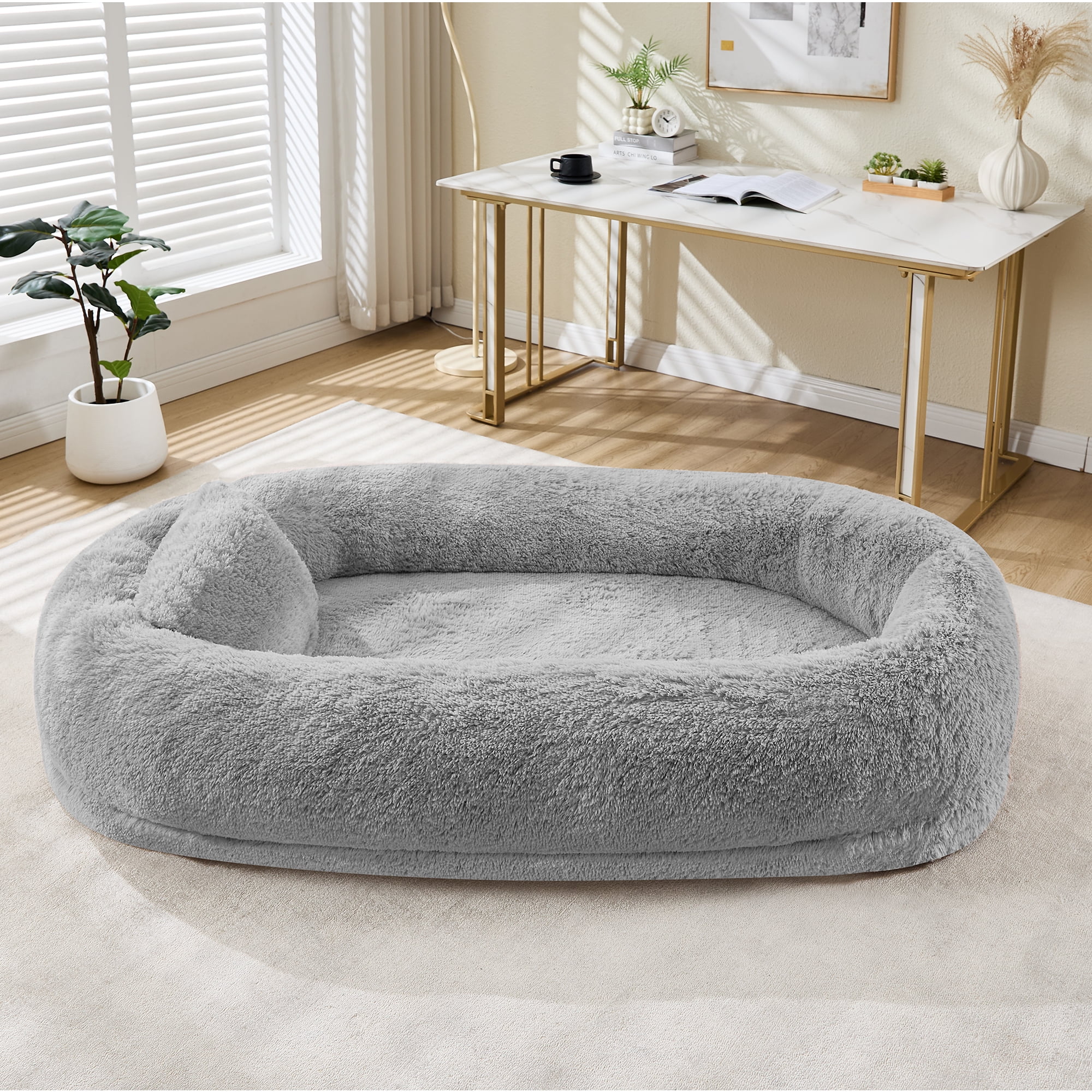 Human Size Dog Bed for People and Pets, 67×43×8 inch Orthopedic Foam Lounger with Removable Washable Faux Fur Cover, Raised Bolster, Side Pocket and Portable Strap, No Assembly Required, Cozy Floor B