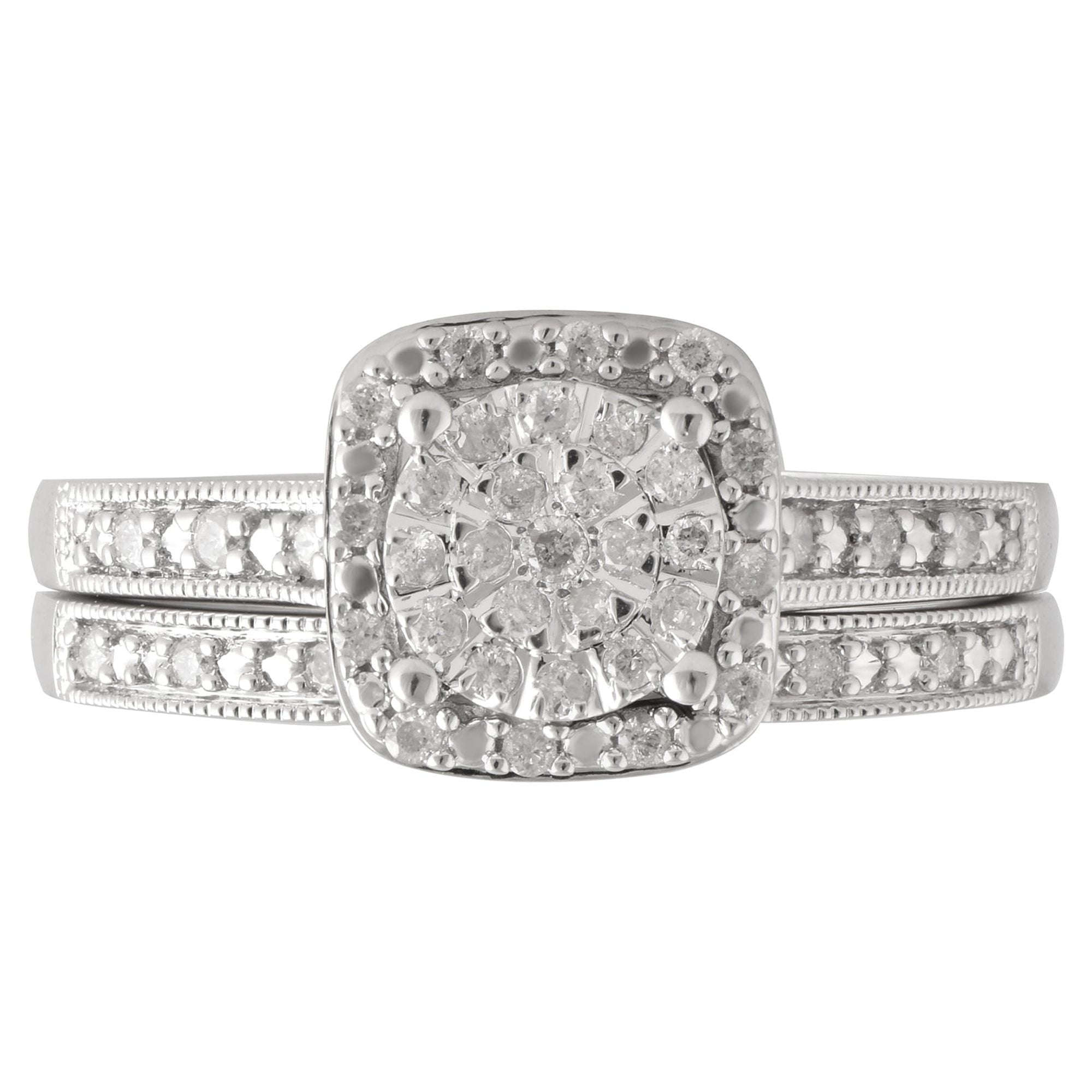Forever Bride 1/4 Carat T.W. Cushion Frame Diamond Bridal Set in Composite Silver (I-J, I2-I3)