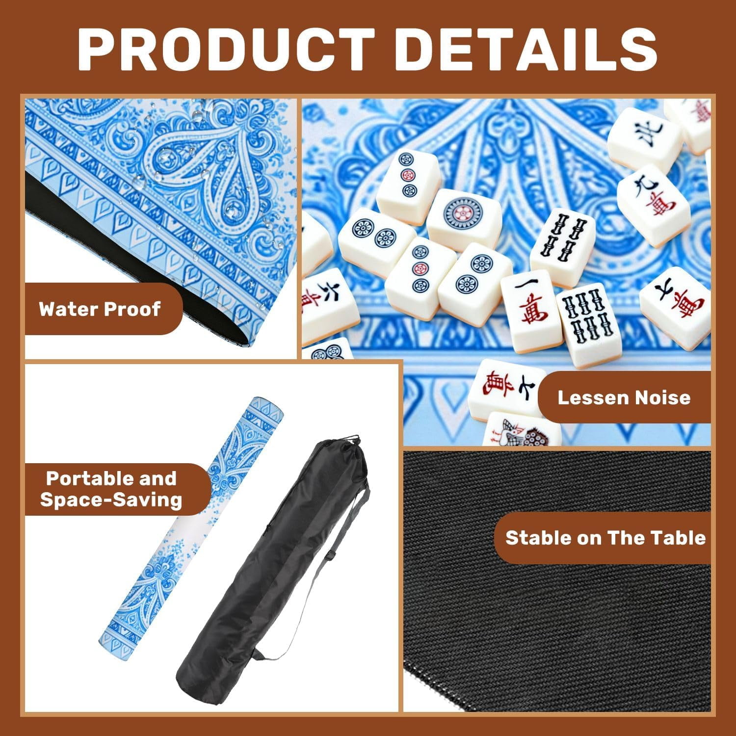 Mahjong Mat with Carrying Bag 31.5" x 31.5" Non-Slip Noise Reduction Blue Ornamental Mandala Symmetrical Floral Paisley Design Table Mat for Mahjong Poker Dominoes Card Board Tile Games
