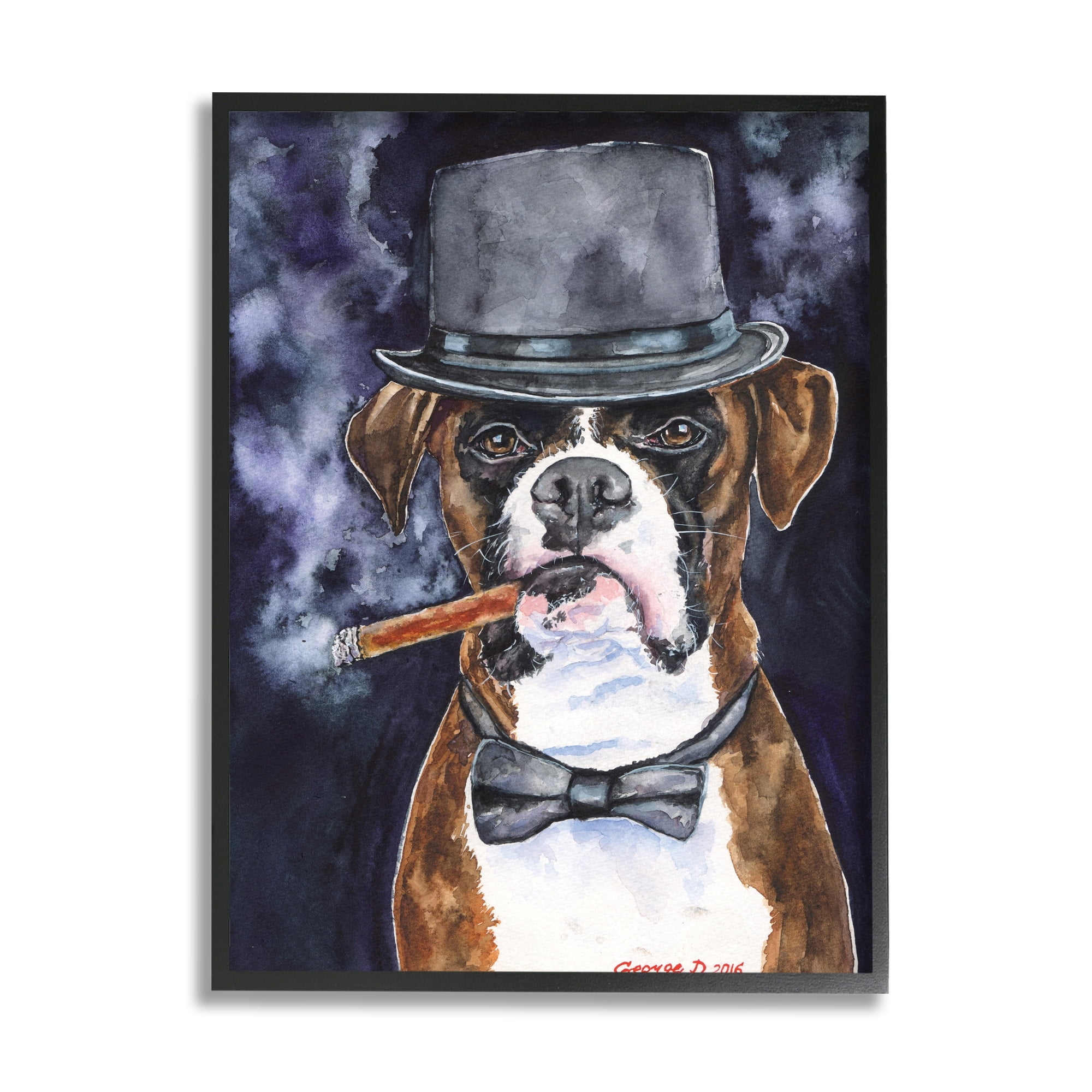 Stupell Industries Sophisticated Boxer Dog Portrait Top Hat Pet Grey Framed, 11 x 14, Design by George Dyachenko