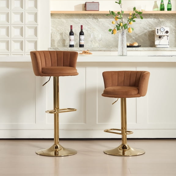 CQSXDA Set of 2 Orange Velvet Bar Stools with Chrome Footrest Adjustable Height and Swivel Comfortable Seating