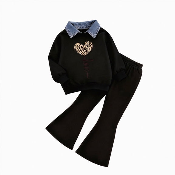 Vedolay Toddler Little Girls 2PC Outfit Fall Winter Long Sleeve Denim Collar Sweatshirt Flared Pant Casual Clothing Set (G,6-7 Years)