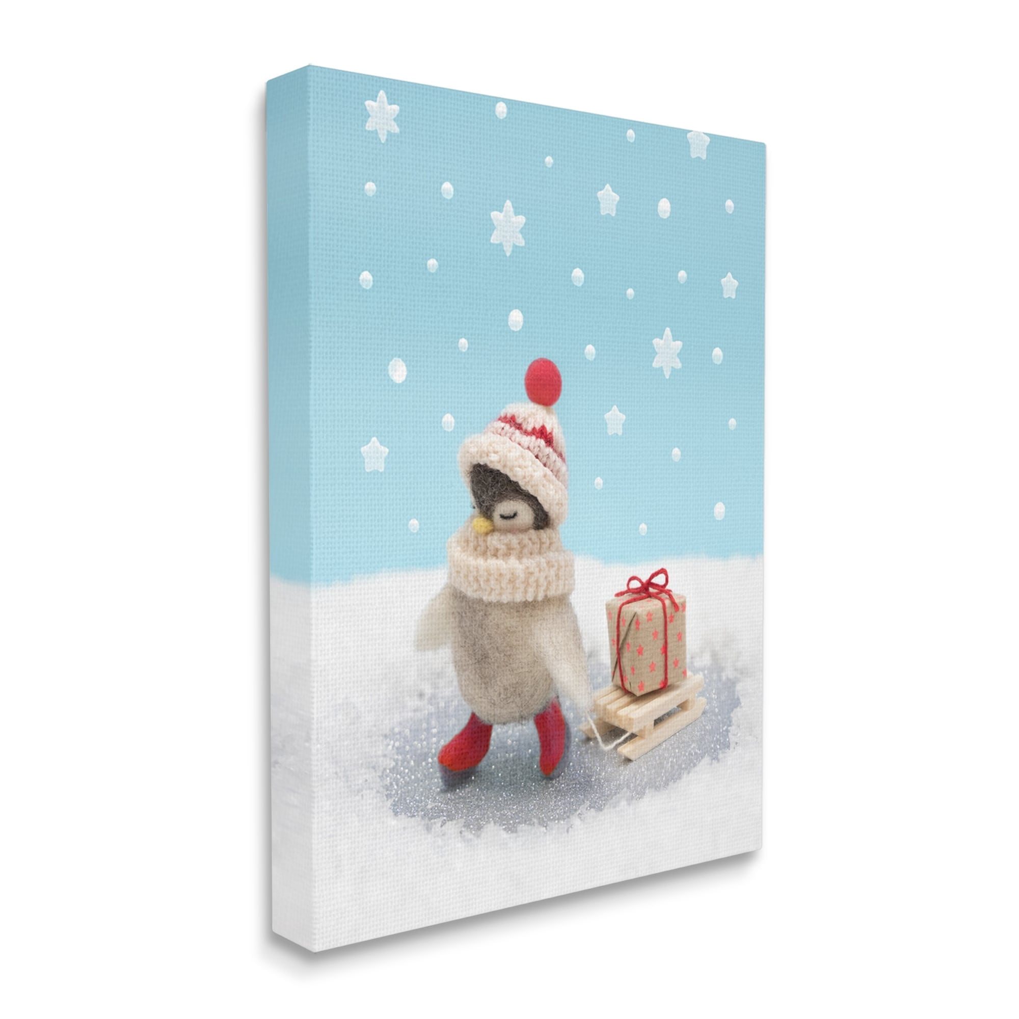 Stupell Industries Penguin Christmas Present Sled Holiday Photography Gallery Wrapped Canvas Print Wall Art
