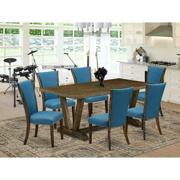 East West Furniture V777VE721-7 7Pc Dining Table Set Contains a Dining Table and 6 Upholstered Dining Chairs with Blue Color Linen Fabric, Distressed Jacobean Finish