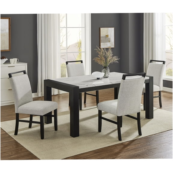 Modern 5-Piece Dining Set with Faux Marble Table & Upholstered Chairs, Black and Light Gray Finish