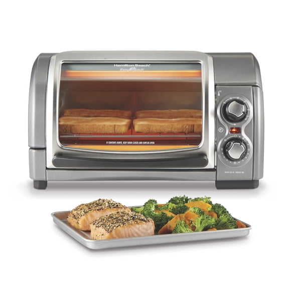Hamilton Beach Easy Reach 4-Slice Countertop Toaster Oven With Roll-Top Door, 1200 Watts, Fits 9” Pizza, 3 Cooking Functions for Bake, Broil and Toast, Silver (31344DA)