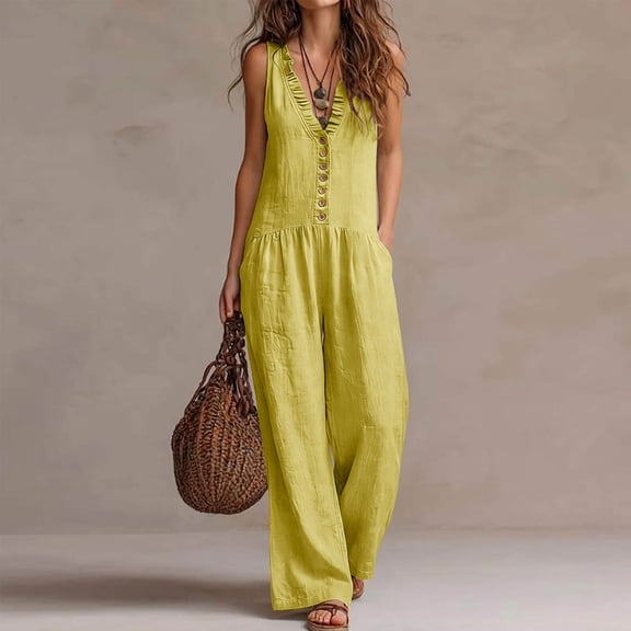 Mifsaly Womens Sleeveless Jumpsuit Ruffle V Neck Button Down Wide Leg Jumpsuits Casual Loose Fit Travel Vacation Everyday Wear Summer Clothes with Pockets Yellow,XXL