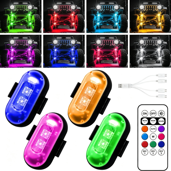 HIBIBUD Wireless Led Lights for Car,Wireless Rock Lights with 8 Colors 10 Modes,Led Strobe Warning Light,Motorcycles,Boats,Camping,Bikes,Drones,Design in Usa(4Pcs Black)
