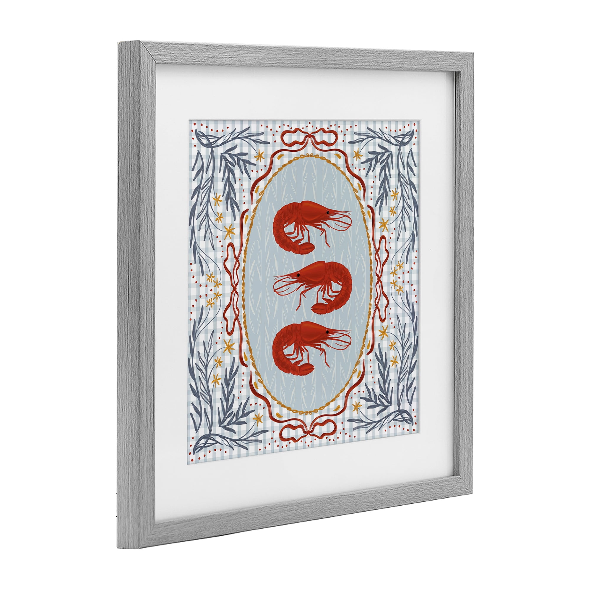 Stupell Industries Prawn Trio on Blue Gingham Gray Framed Print Under Glass, design by Vero Illustrates