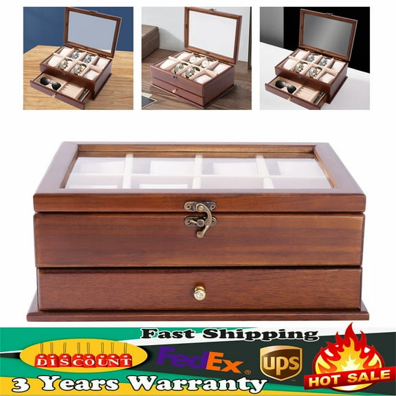 DENEST Vintage Watch Box 2 Layers Sycamore Wood Jewelry Large Storage Case Organizer