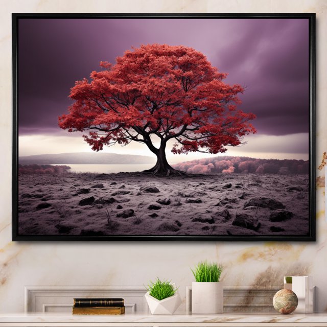 Designart Tree black framed wall art, Purple Tree Purple Autumn I , Trees Large framed wall art decor, Purple Traditional black framed wall art, 32x24 inches black frame