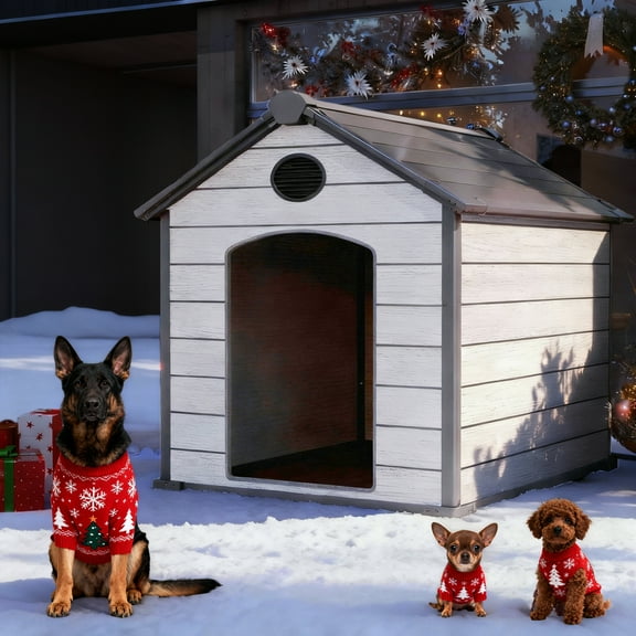 ZYJOYY 46" Large Outdoor Dog House, Durable Waterproof Plastic Dog House for XXL Large Dogs, Indoor & Outdoor Dog Kennel with Raised Floor (Cement Gray, 46"L x 40"W x 40"H)