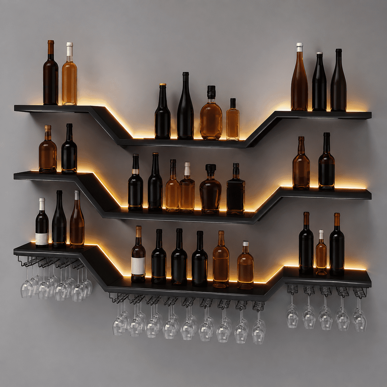 31.5 Modern LED Wine Rack Wall Mounted 3-Tier Floating Bar Shelves | Large Hanging Liquor Shelf Wall Mounted with Wine Glass Rack DIY Modular WaveDesign Black Metal for Home Bar Dining Room Cafe