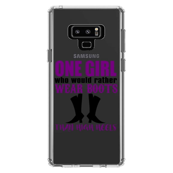 DistinctInk Clear Shockproof Hybrid Case for Samsung Galaxy Note 9 - TPU Bumper Acrylic Back Tempered Glass Screen Protector - One Girl Who Would Rather Wear Boots Than Heels
