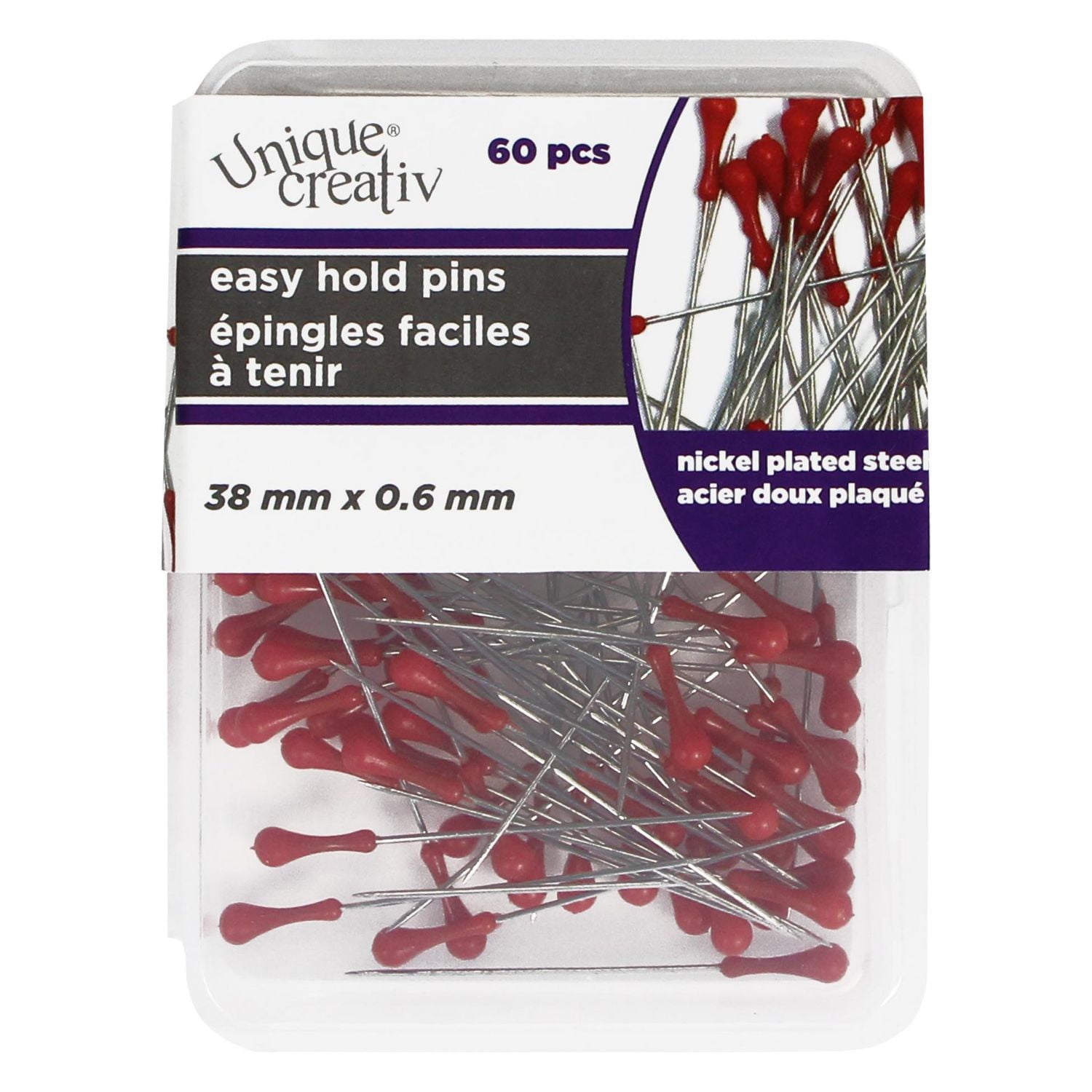 Épingles à maintien facile UNIQUE CREATIV — Tête sphérique rouge, 38 mm × 0,6 mm, 60 pièces 38 mm (1½")
