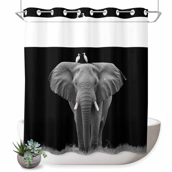 No Hook Shower Curtain with Built-in Rings - Modern Vintage Washable Waterproof Fabric Bathroom Curtains for Hotel,Rentals, 72 X 72 Inch Long , Elephant Bird Animal Black Grey