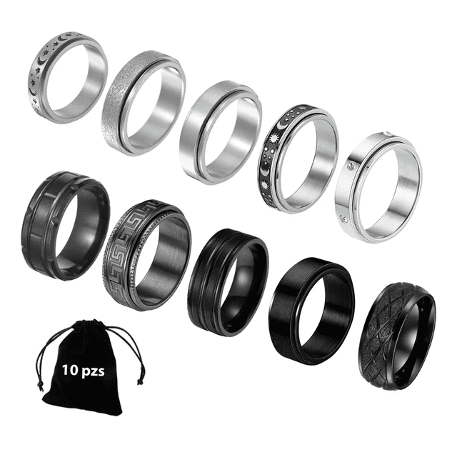 10pzs Anillo Hombre De Titanio Acero Giratoria Anti-ansiedad Xtellar plateado