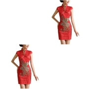 2pcs Traditional Chinese Women Wedding Cheongsam Slim Short Sleeve Qipao Size M (Red)