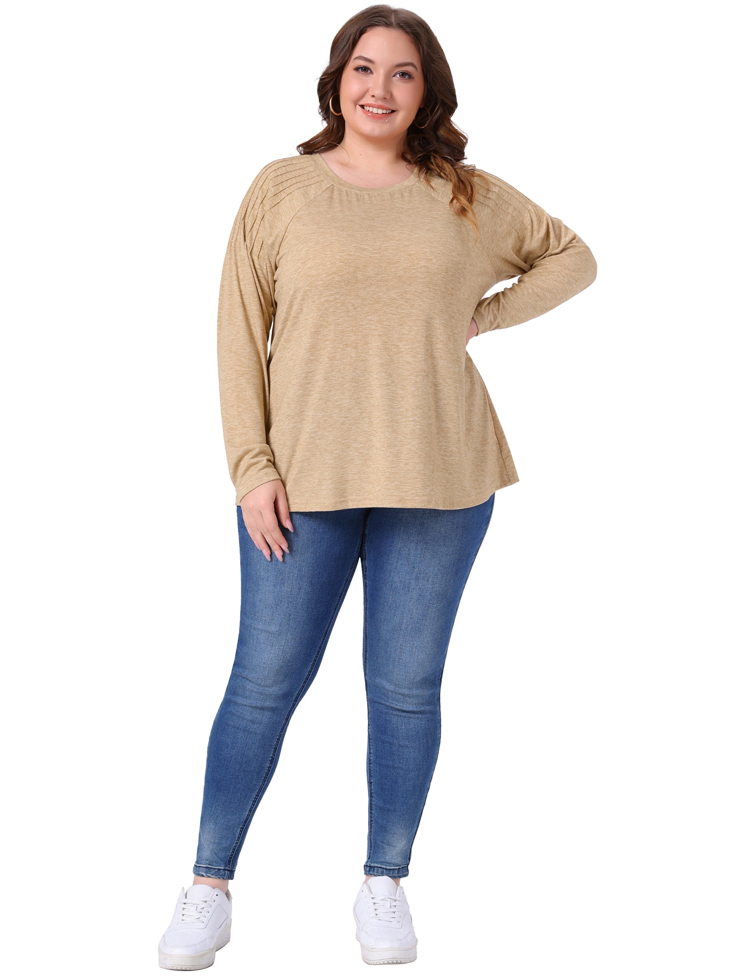 Women's Plus Top Long Sleeve Crew Neck Pleated Shirts Loose Fit Tunic Tops 4X Khaki