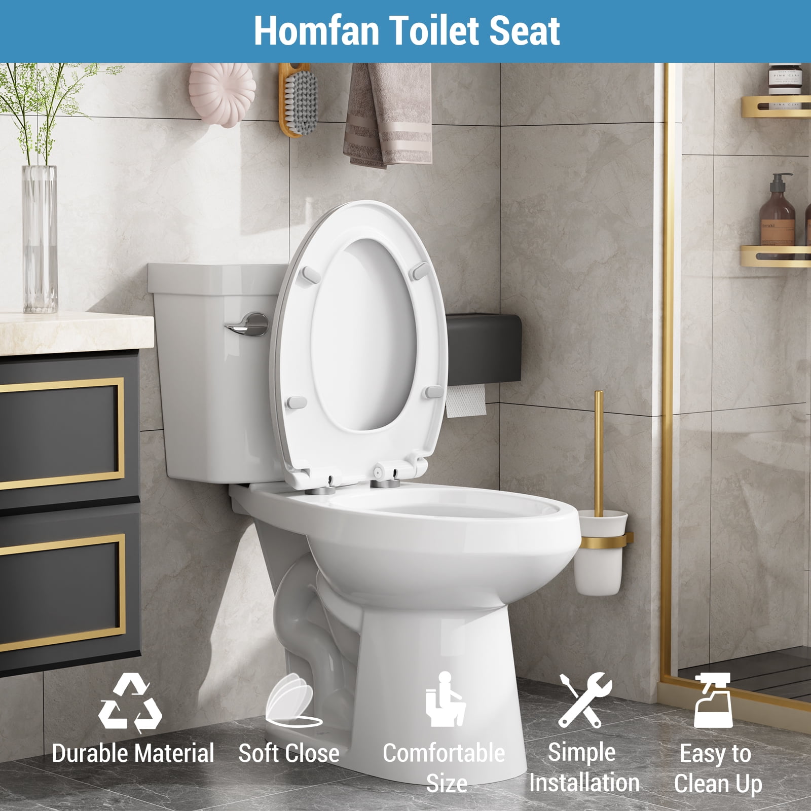 Soft Close Elongated Toilet Seat – Quick Release, Non-Slip Stable Hinges, Easy Clean, Durable White Polypropylene – Fits Most American Standard Bathrooms – White, Elongated, Regular