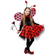 IKALI Girls Ladybug Costume, Deluxe Animal Fancy Dress Outfit with Wings (10pcs Set) 7-8Y
