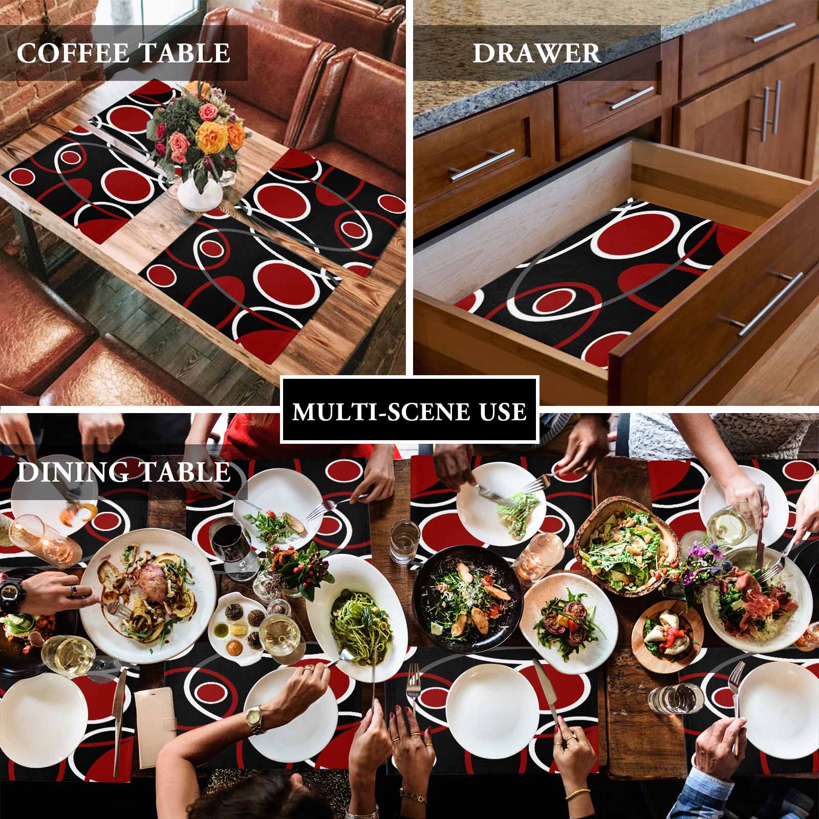 Placemats Set of 4, Black Red Circle Placemats Set of 4, Geometri Stripe Lines Abstract Art Tablemats Placemat Table Decoration for Kitchen Table Dinner Party Home Decor Indoor Outdoor 13x19 Inch