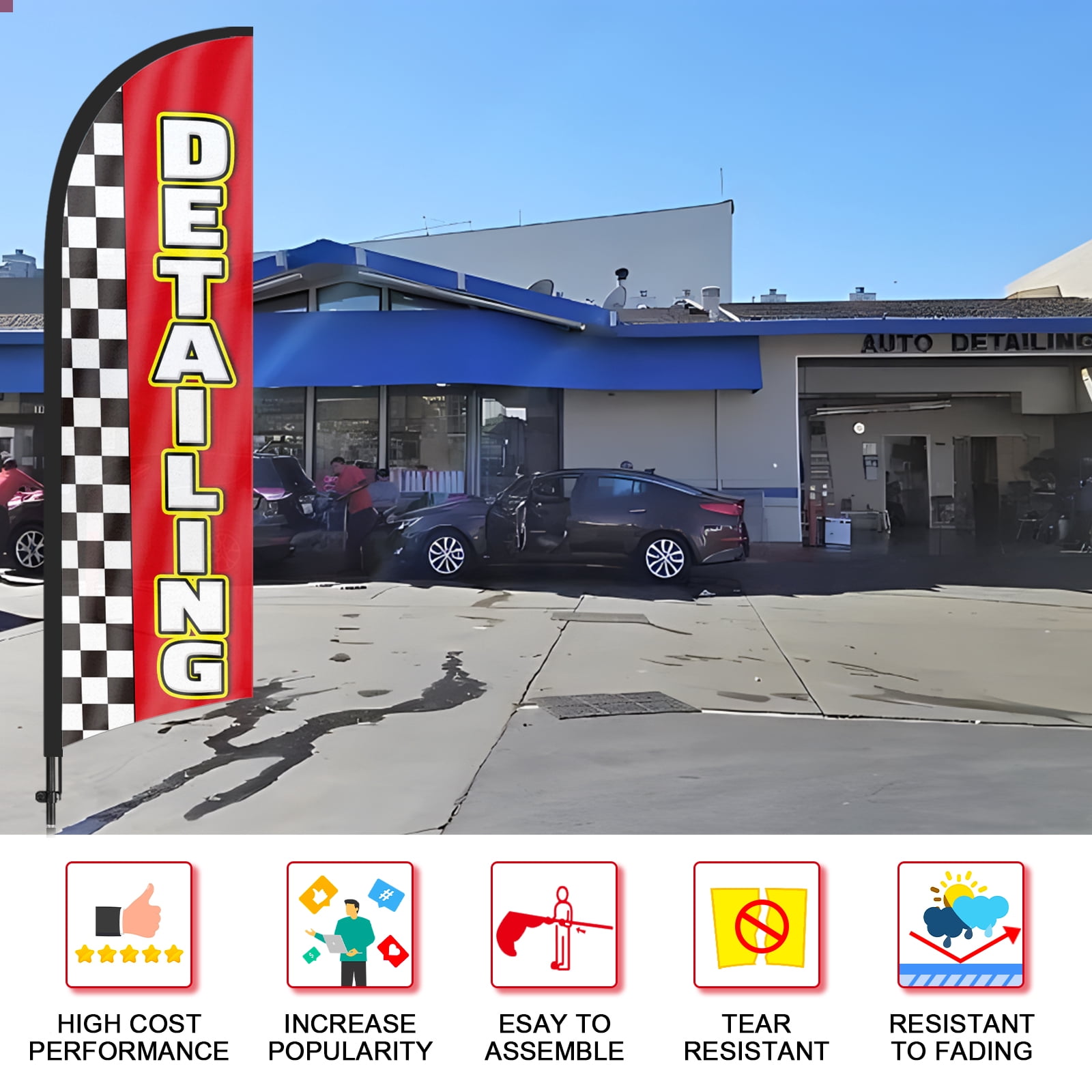 QSUM Detailing Sign Feather Flag with Pole Kit,8.2FT Detailing Decoration Display, Detailing Business Sign,Detailing Swooper Flag